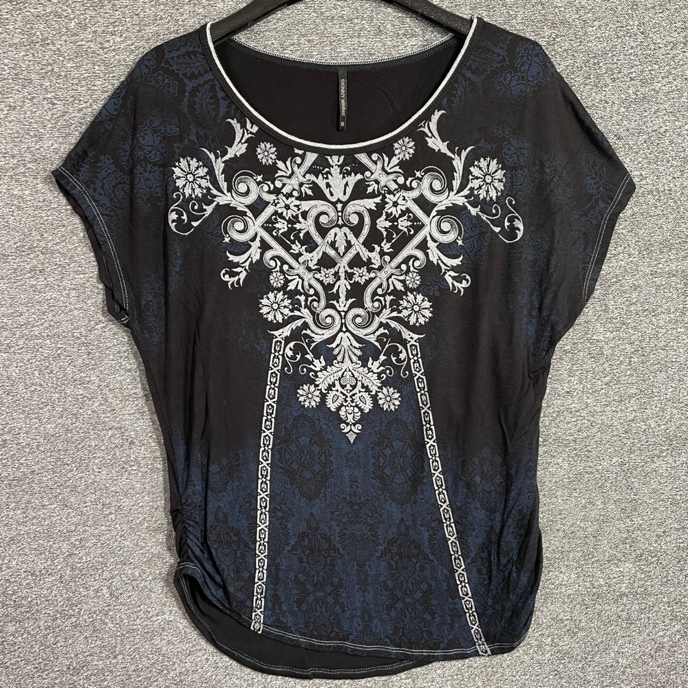 Skinny Minnie Top Womens M Black Blue Damask Graphic Ruched Side Scoop Neck